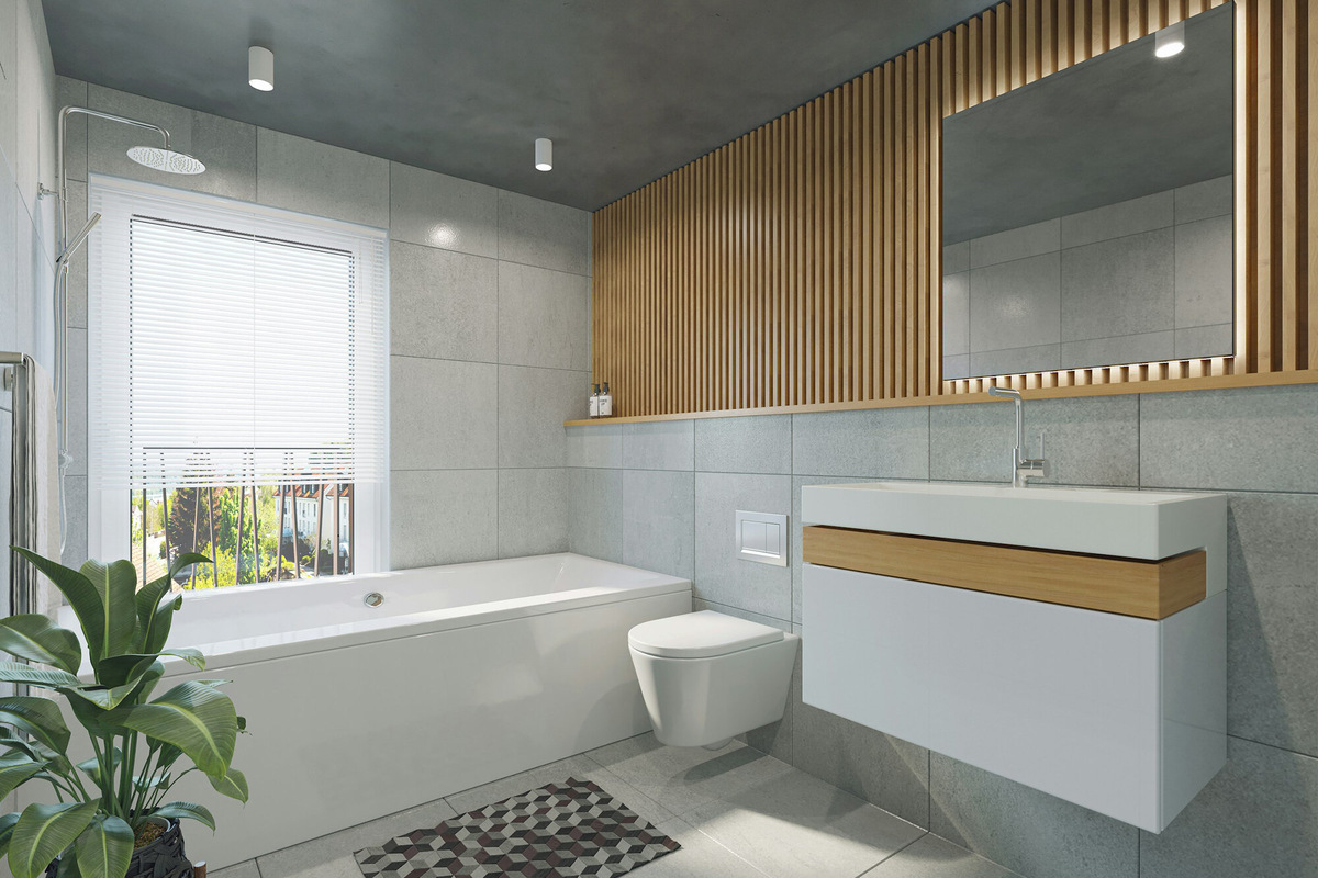 Современный интерьер ванной с подвесным унитазом. Фото: Backbone / Unsplash