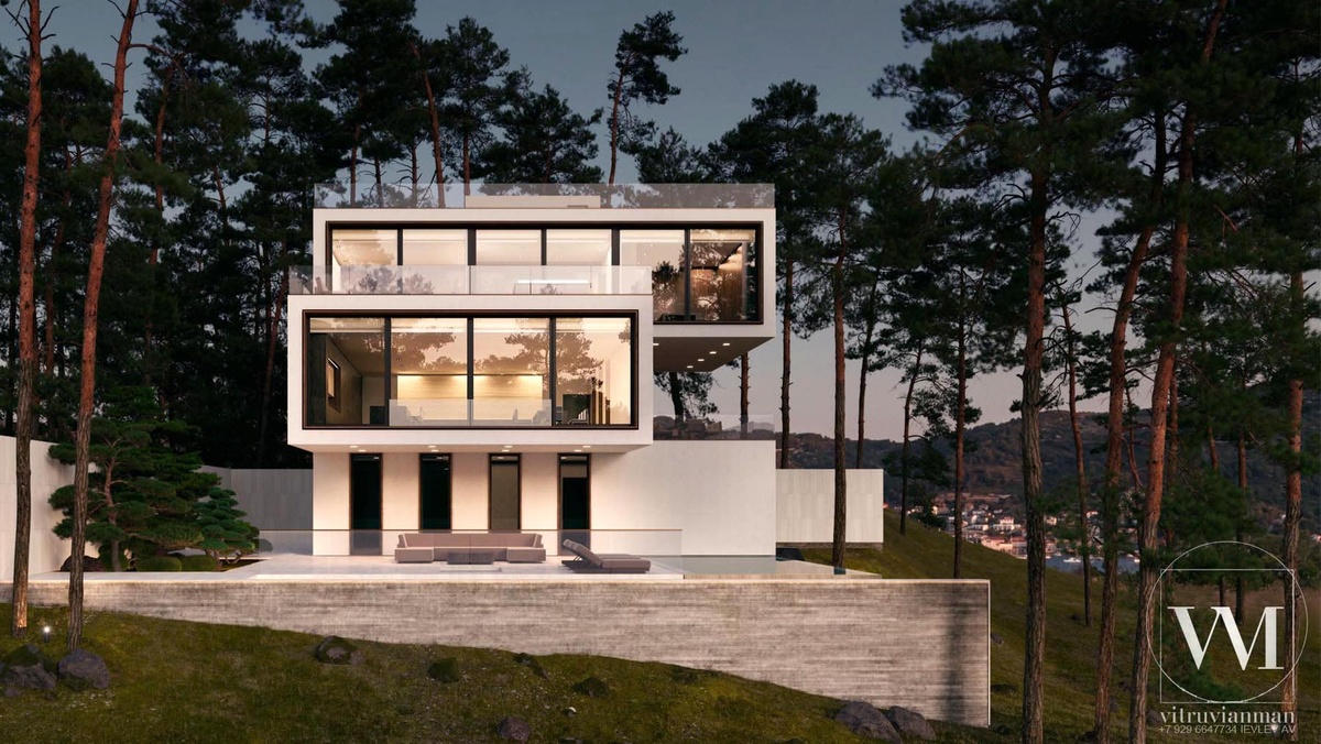 Итоговая визуализация современного дома на склоне.