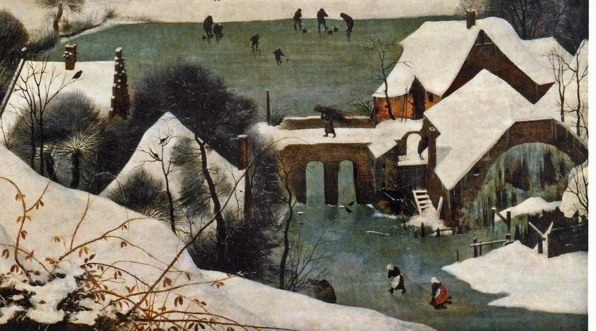 Питер Брейгель Старший. «Охотники на снегу». Фрагмент. 1565 год. Дерево, масло.  117 × 162 см Музей истории искусств, Вена, Австрия. Перед нами -мост, замерзшая мельница, и с десяток эпизодов в повседневности маленьких людей: вот женщина несет тяжелую вязанку хвороста по мосту, вот девочки катают друг друга на салазках по льду, вот мужчина решил наломать веток для очага, а вдали играют в айсшток и хоккей (с кожаным мячом). 