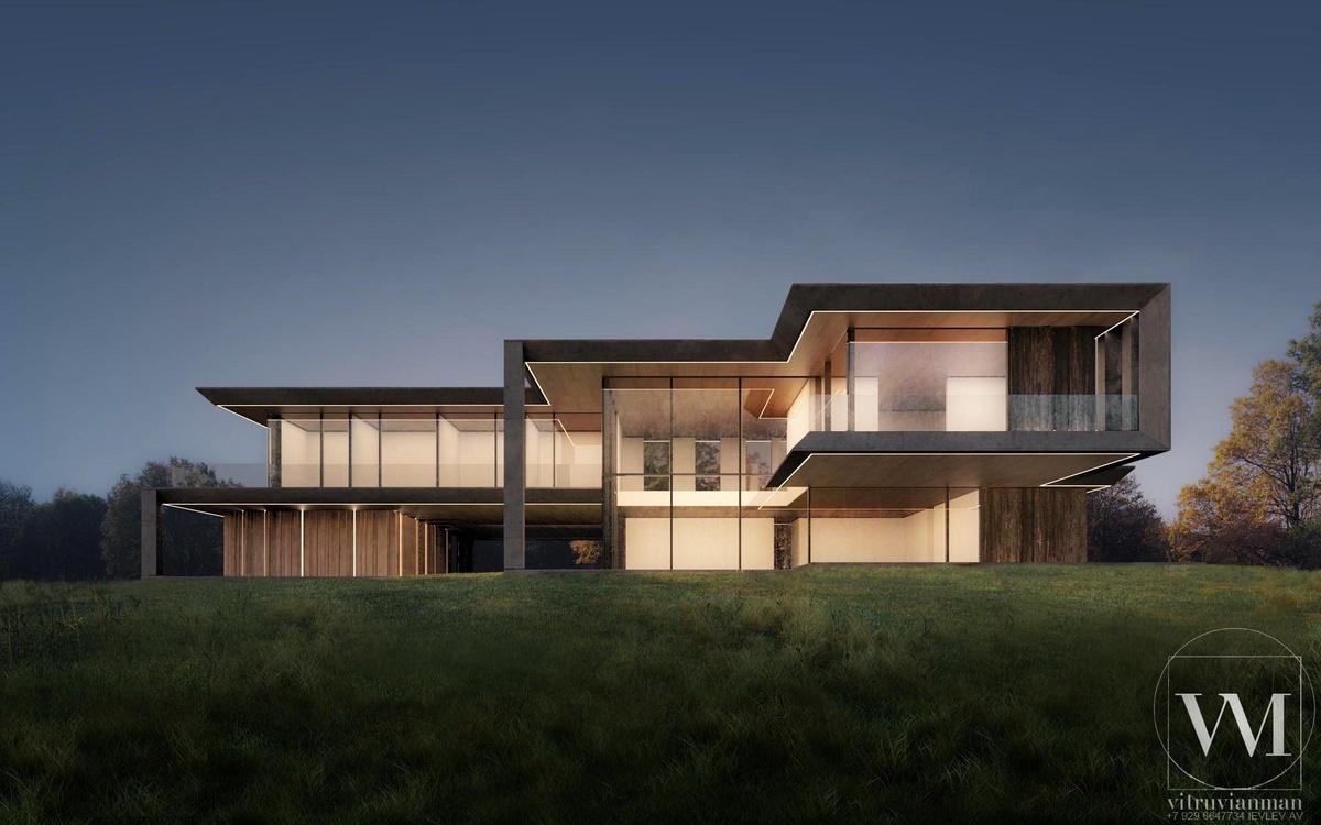 Промежуточная визуализация современного дома на склоне — сумерки.