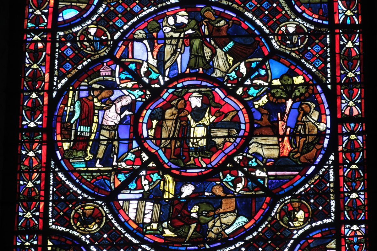 Притча о блудном сыне. Витраж кафедрального собора Святого Стефана в Бурже, Франция. Начало XIII в.