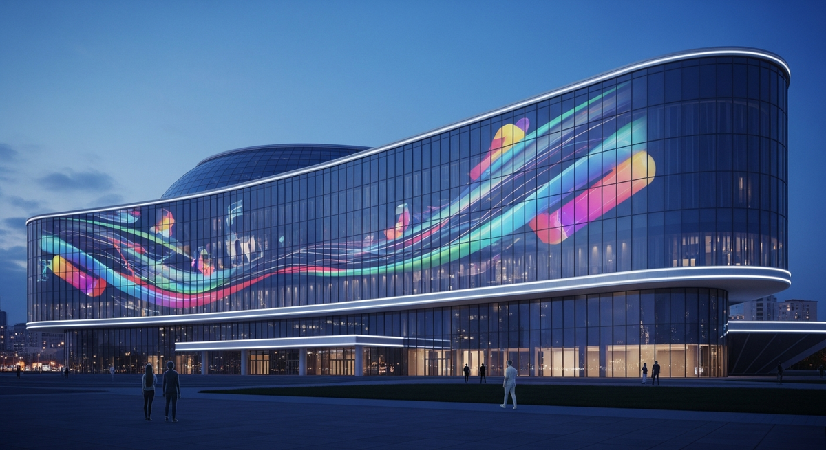 Футуристический фасад Ельцин Центра в сумерках, на котором проецируется медиа-арт