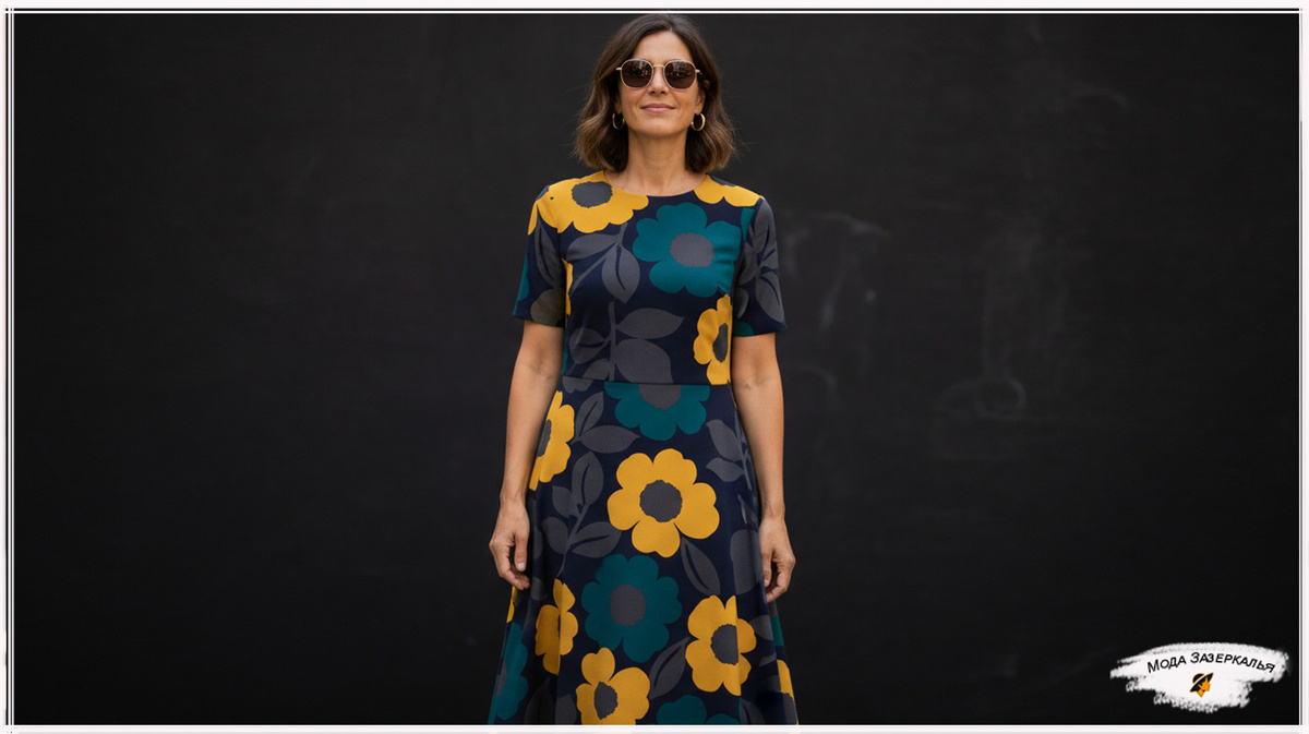 Крупные принты на однотонном фоне. Платье.