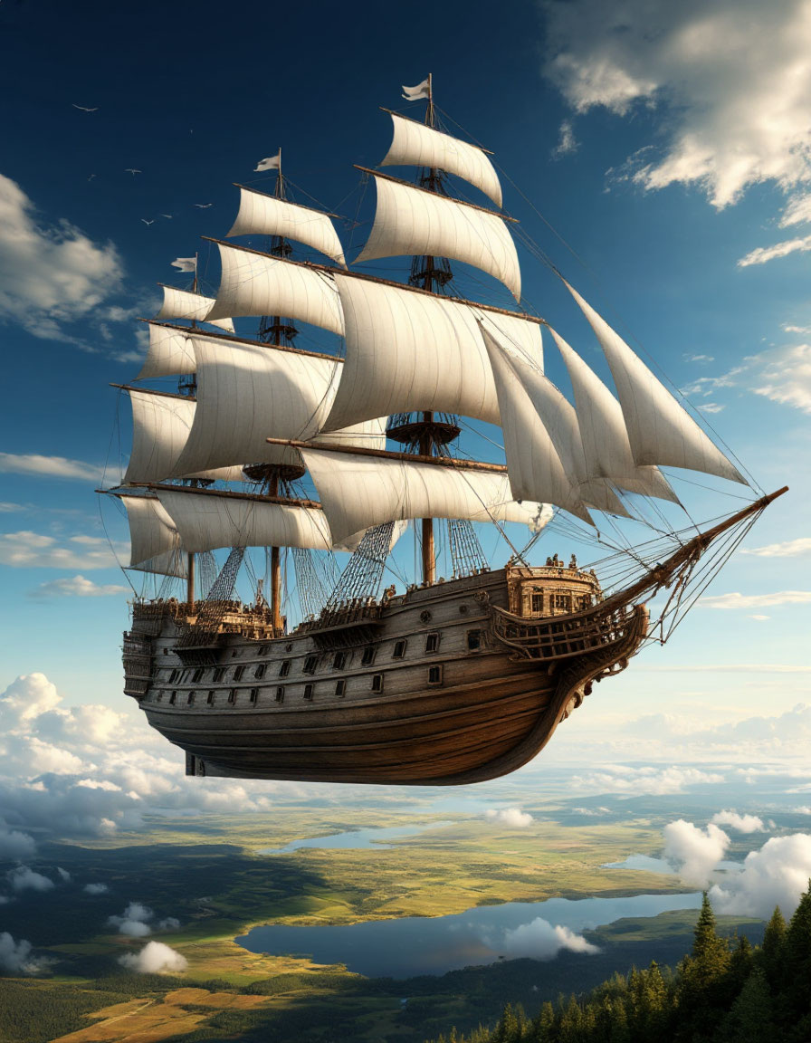 Волшебный летучий корабль в полёте. Картинка создана ИИ.