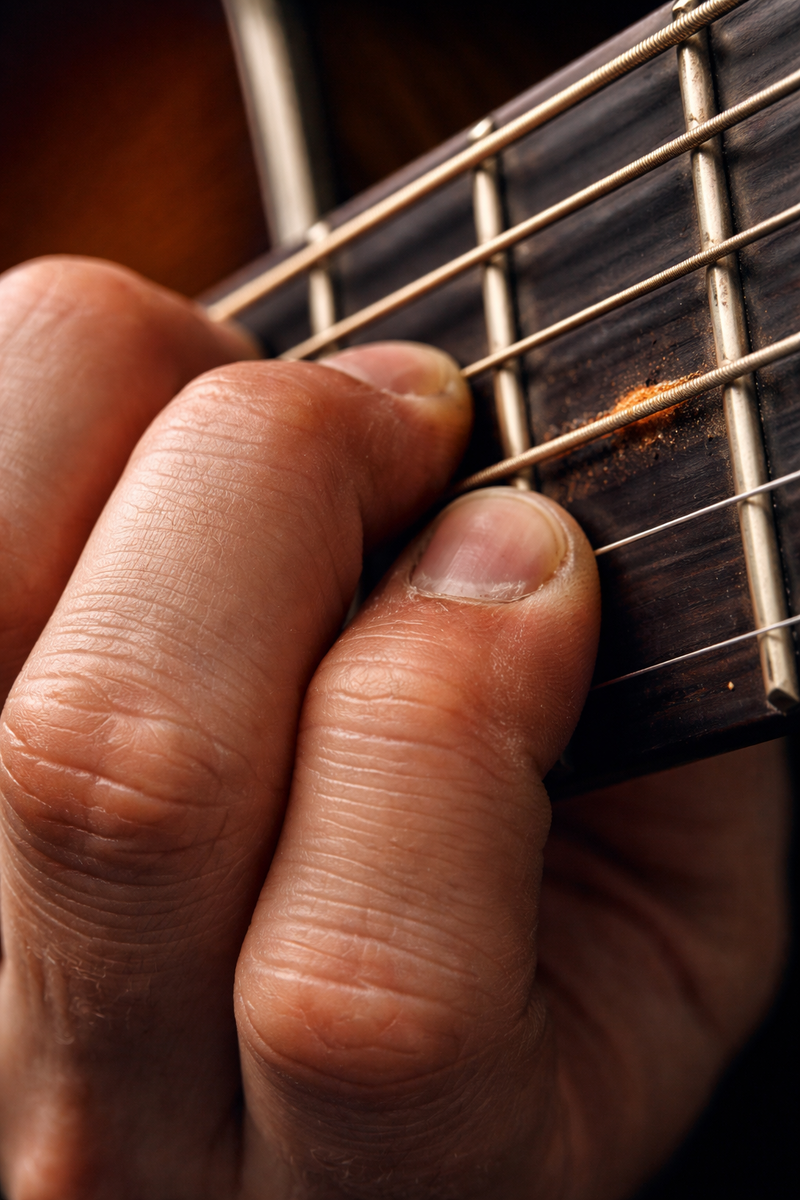Крупный, детальный кадр. Рука водит по струнам гитары. Кожа на кончиках пальцев левой руки стерта, с характерными жесткими мозолями. На одной из струн виден след от частого удара — потертость и небольшое скопление мед