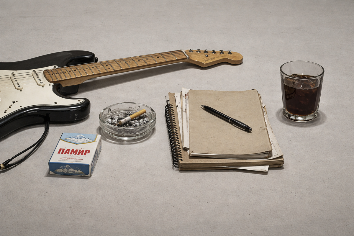 Строгий, почти инвентаризационный снимок на нейтральном фоне. Личные вещи, лежащие рядом во время репетиции или записи: гитара, пепельница с окурком, пачка сигарет «Памир», блокнот с торчащими листами, стакан с темным напитком. Композиция статична, без художественных изысков