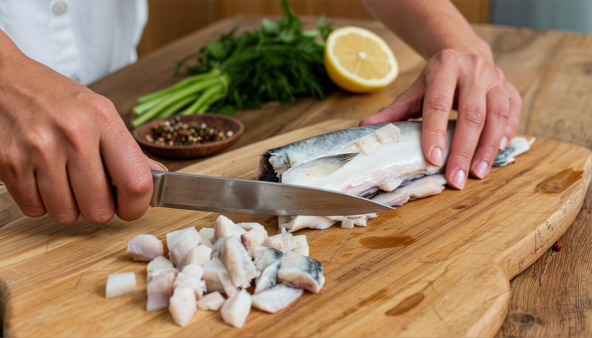 Мясо наваги достаточно плотное - можно нарезать для супа небольшие куски.   «Создано с использованием искусственного интеллекта».