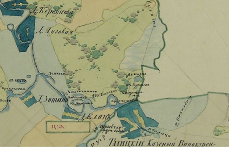 Фрагмент Плана Генерального Межевания Екатерины II . Екатерининские планы генерального межевания (с 1765 г.) — рукописные карты XVIII–XIX вв., устанавливающие границы владений по указу Екатерины II под девизом «Каждый при своемъ». Они охватывали почти все наместничества, фиксируя границы уездов, дач и участков. Большинство оригиналов хранится в РГАДА (Москва).