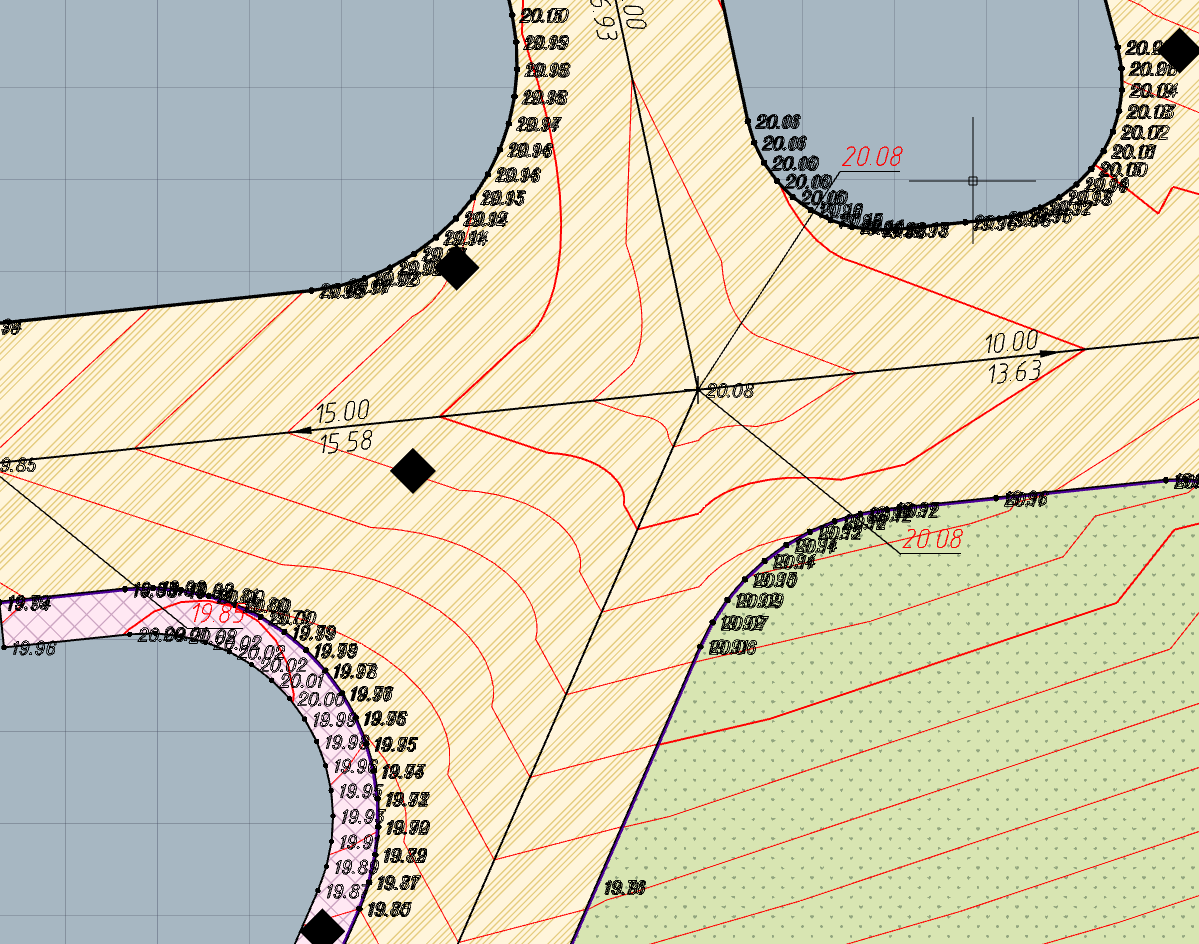 Вот так выглядят горизонтали при интерполяции между началом и концом закруглений.