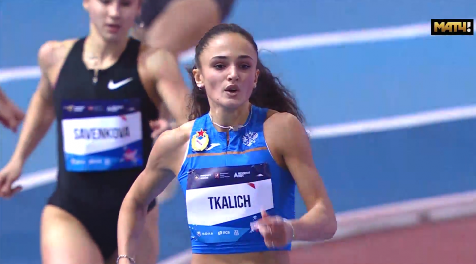    Полина Ткалич, победительница "Русской зимы" в беге на 400 метров. Скриншот с трансляции "Матч ТВ"