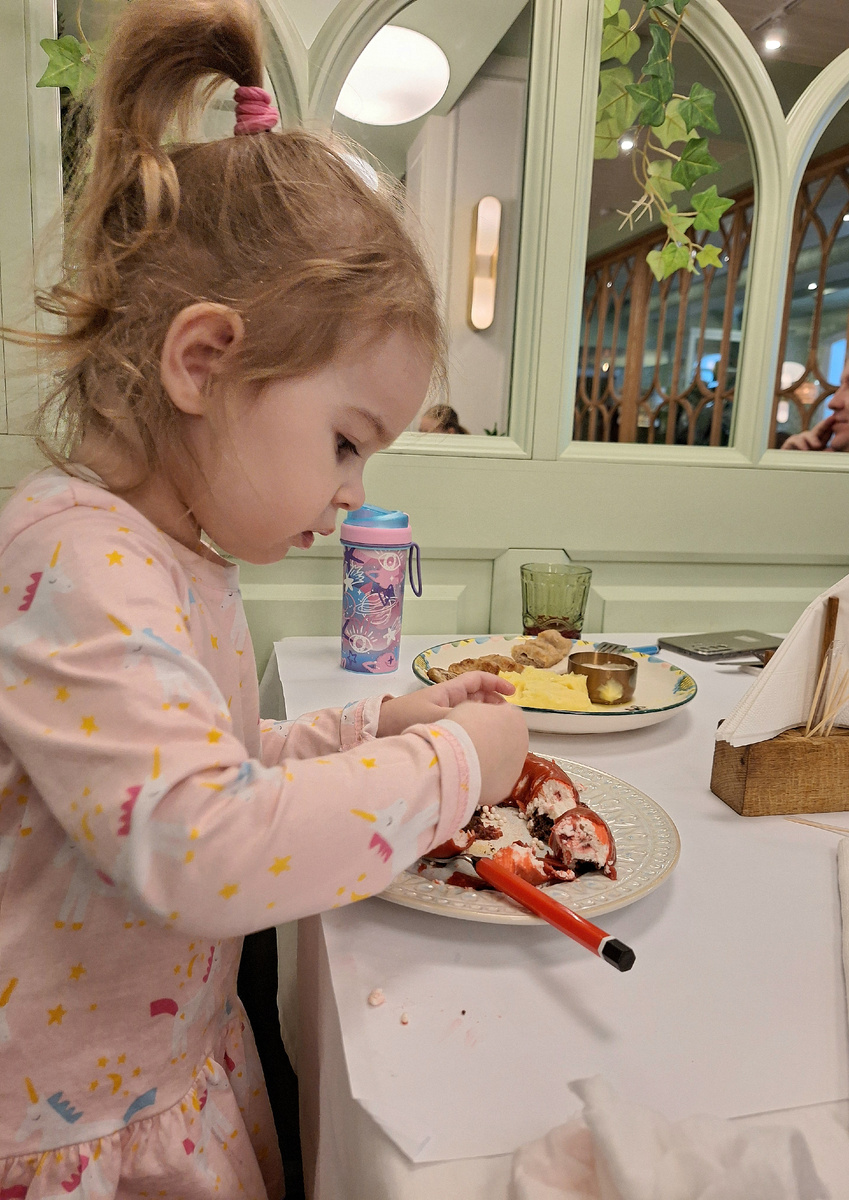 Ксю ничего не поела, сделала какие-то развалины))все расковыряла. Люля кебаб мы забрали домой. И взяли с собой еще один десерт малиново-фисташковый, очень красивый и вкусный,но забыла сфоткать. 