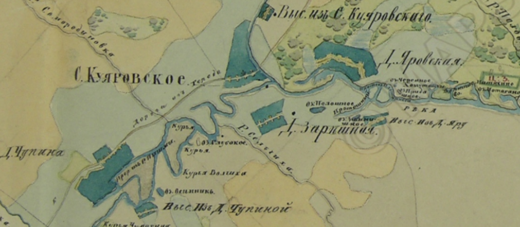 Фрагмент Плана Генерального Межевания Екатерины II . Екатерининские планы генерального межевания (с 1765 г.) — рукописные карты XVIII–XIX вв., устанавливающие границы владений по указу Екатерины II под девизом «Каждый при своемъ». Они охватывали почти все наместничества, фиксируя границы уездов, дач и участков. Большинство оригиналов хранится в РГАДА (Москва).