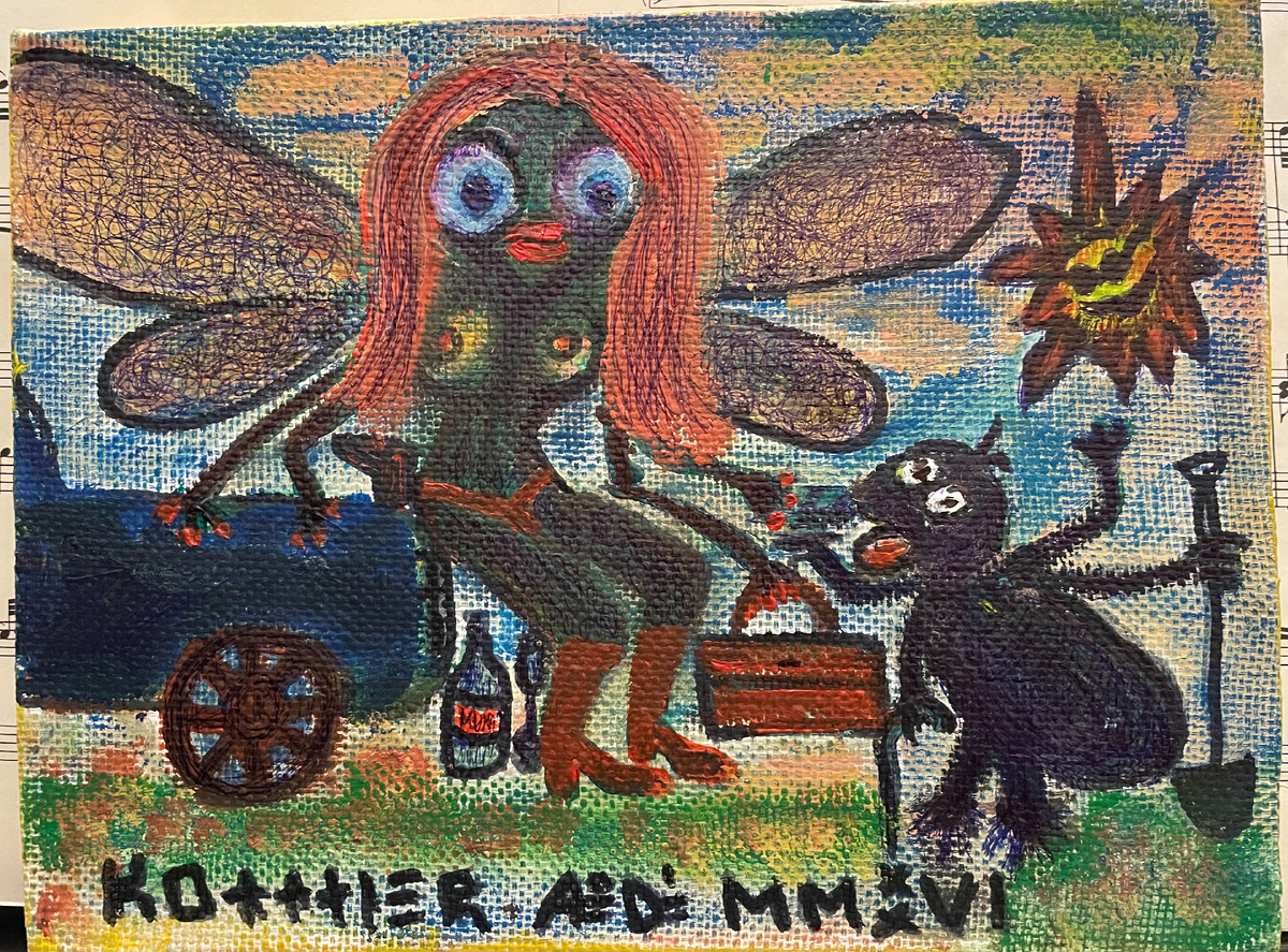 Стрекоза и муравей. Картина Августа Котляра, 2026 холст, акрил, маркер, шариковая ручка. 18х24 