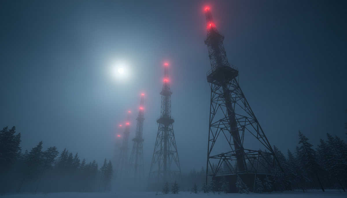 Огромные антенные поля станции в туманном лесу