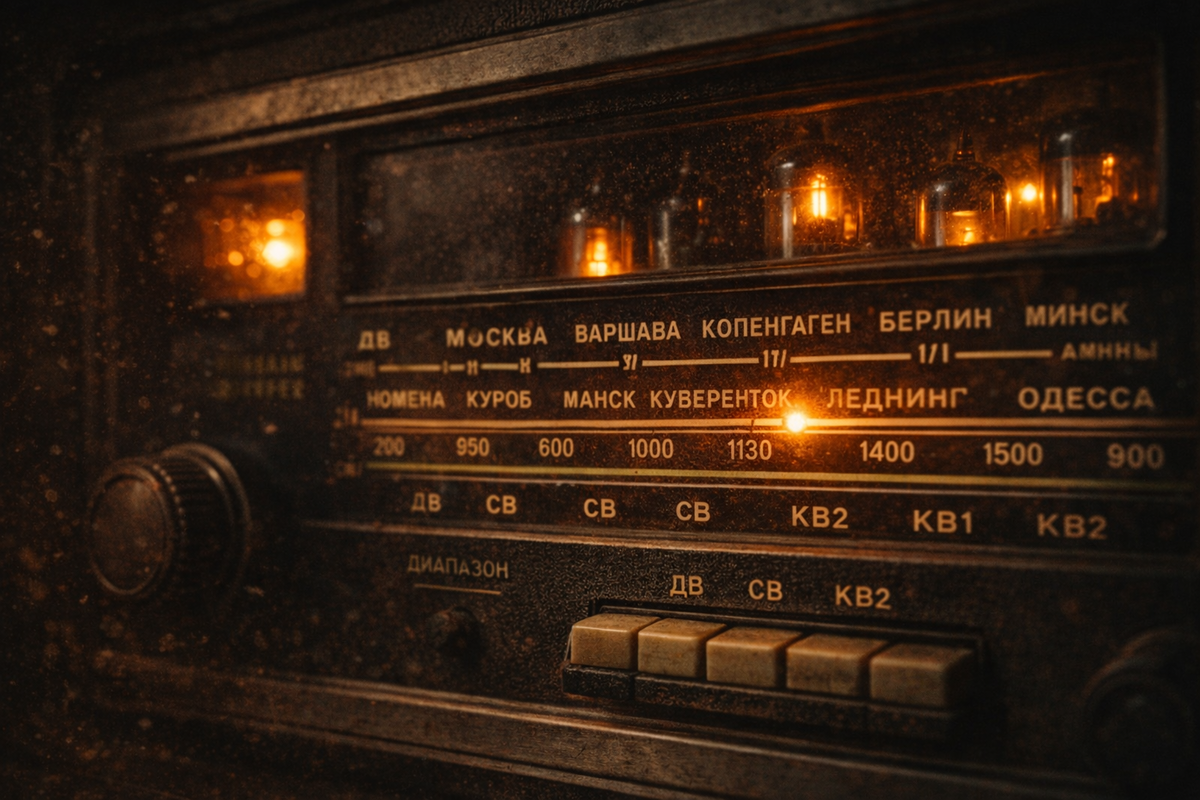 Макро-снимок шкалы старого советского радиоприемника в темноте