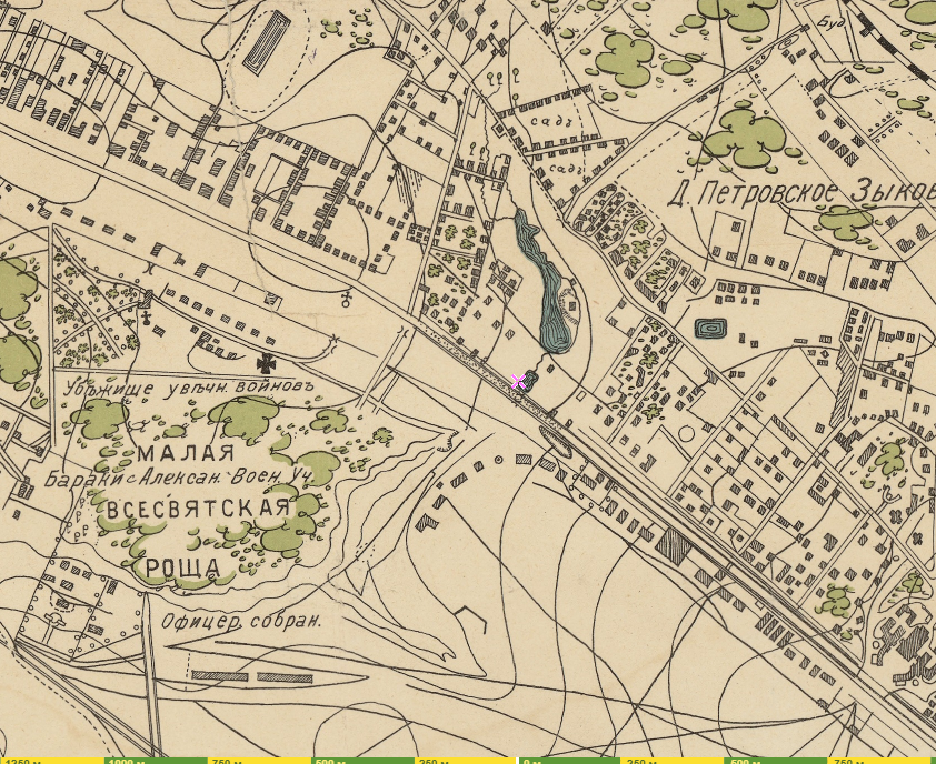 План Ходынского поля и окрестностей. 1916 год. Розовый крестик на месте дома № 58 на Ленинградском проспекте