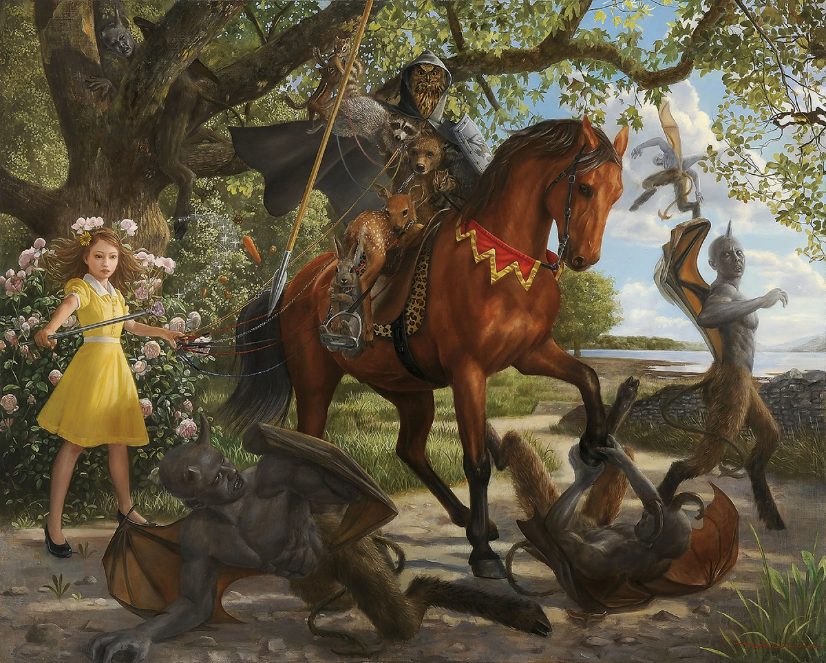  © Токухиро Каваи (Tokuhiro Kawai). Девочка – маг и химера-рыцарь в борьбе с темными силами. Холст, масло.