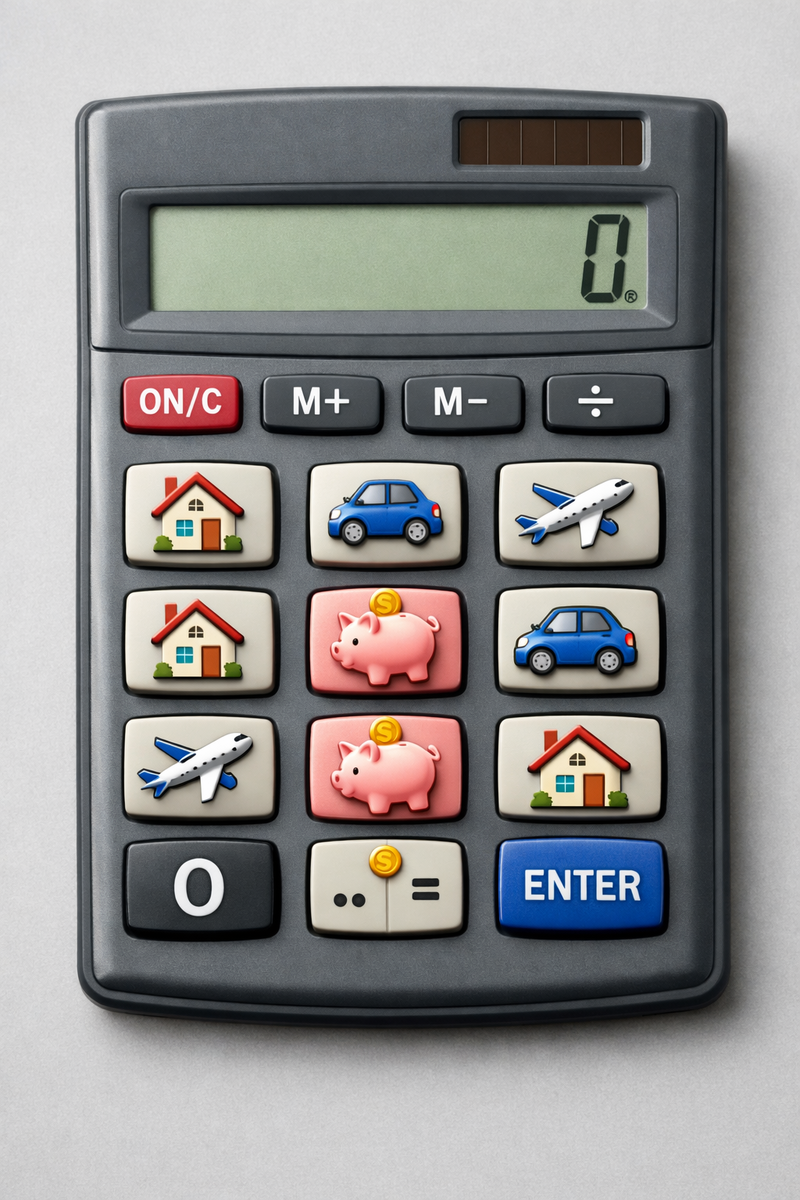 Коллаж из 3-4 изображений, символизирующих цели: ключи от машины, паспорт с визой, диплом или сертификат, коробка от техники.