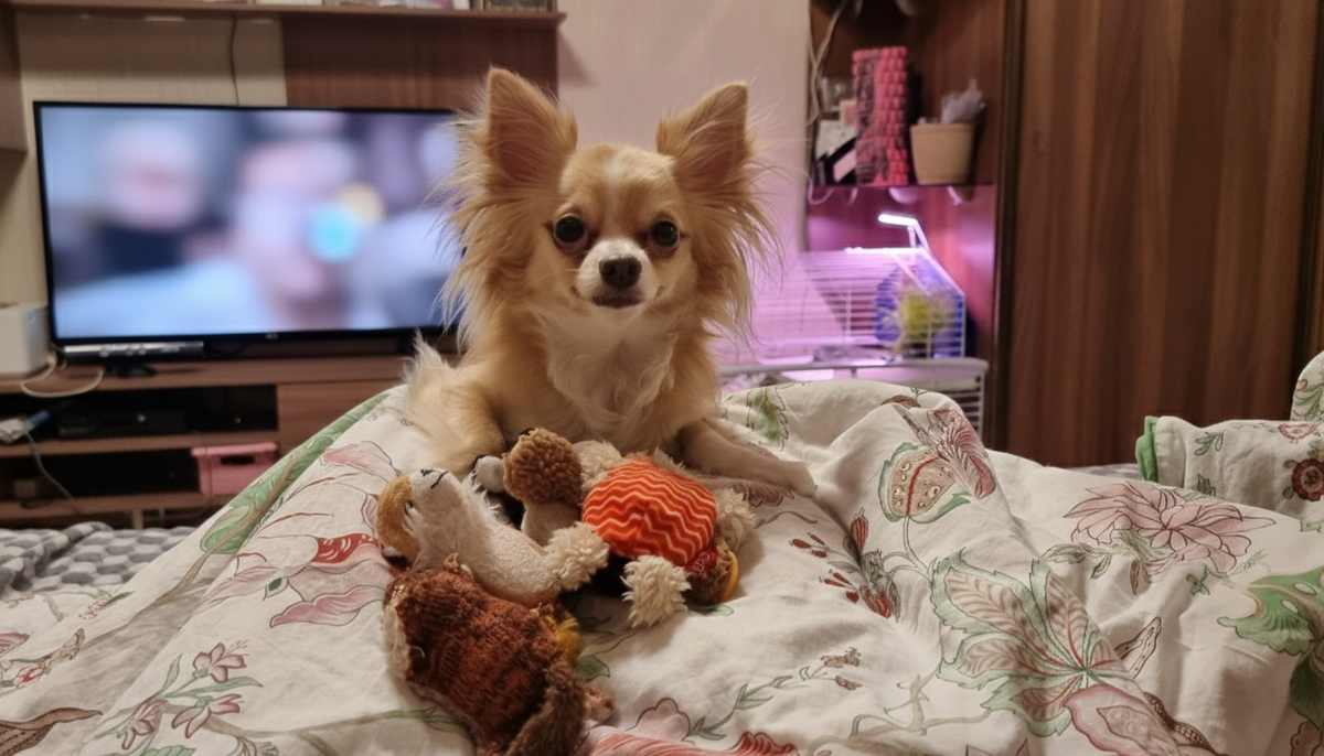 Трогательная сцена домашней терапии. Тихон, рыжий чихуахуа, лежит на одеяле рядом с заботливо разложенной коллекцией своих самых любимых игрушек — осликом, собачкой, белочкой и загадочным рыже-полосатым другом. Эта «плюшевая аптечка» — его способ проявить заботу. Удивительная история о том, как питомцы чувствуют наше состояние и лечат нас своим присутствием. Читайте в блоге «Жизнь с лапками».