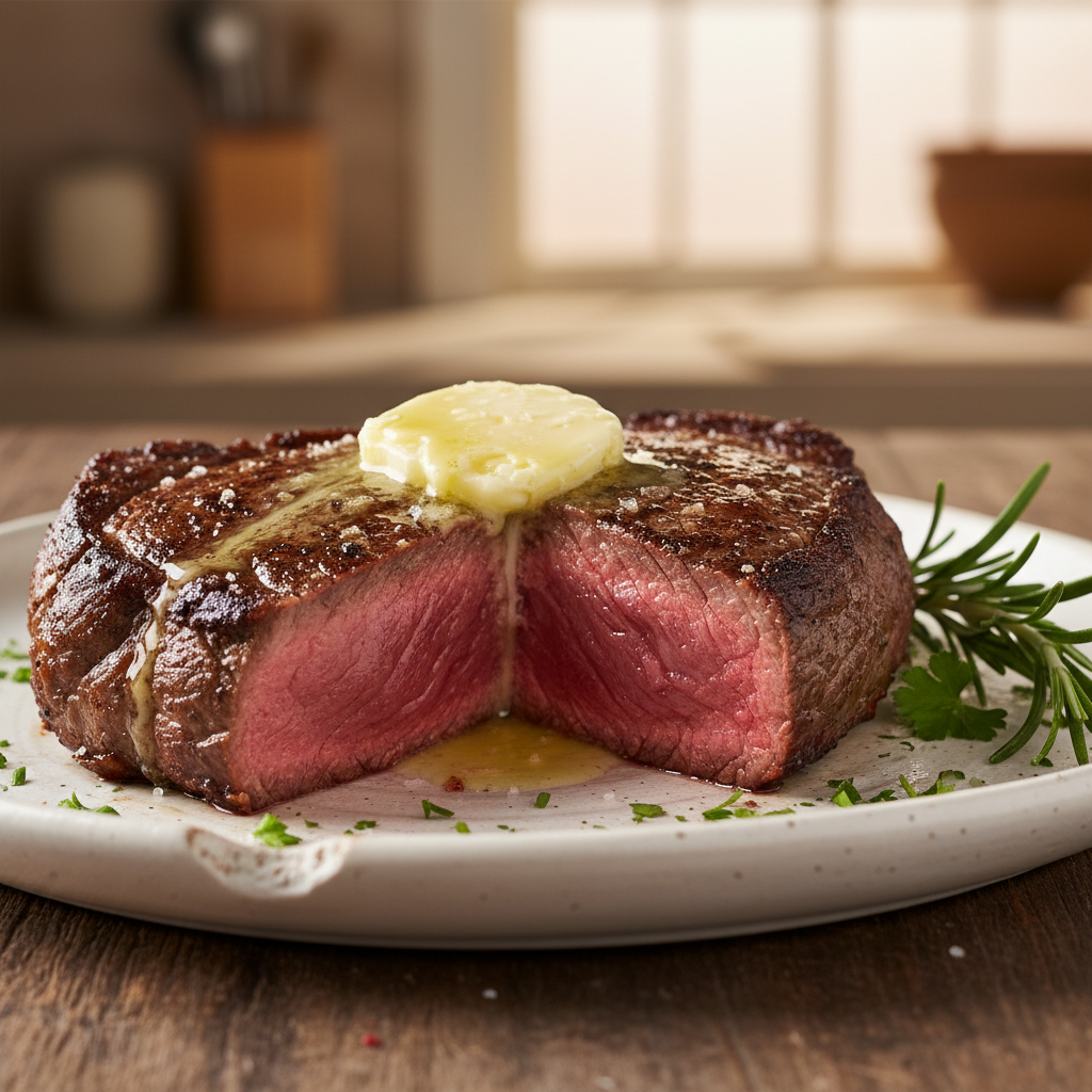 Приправляем стейк свежим перцем и солью перед жаркой