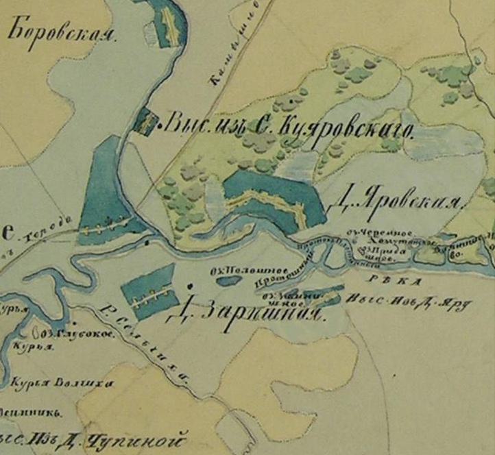 Фрагмент Плана Генерального Межевания Екатерины II . Екатерининские планы генерального межевания (с 1765 г.) — рукописные карты XVIII–XIX вв., устанавливающие границы владений по указу Екатерины II под девизом «Каждый при своемъ». Они охватывали почти все наместничества, фиксируя границы уездов, дач и участков. Большинство оригиналов хранится в РГАДА (Москва).