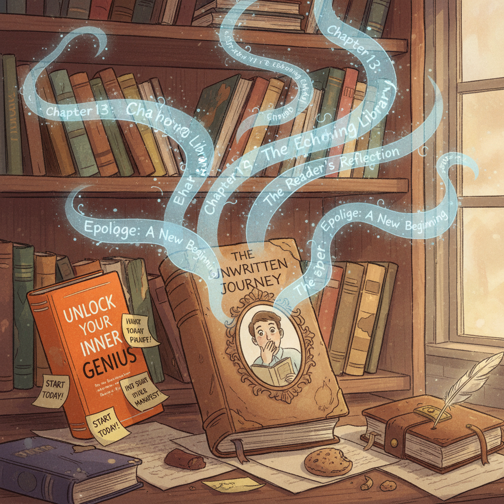 На ней изображена захламлённая книжная полка, магически дописывающая себя книга, и отражение читателя в встроенном зеркале, словно напоминание — сюжет ждёт своего автора.