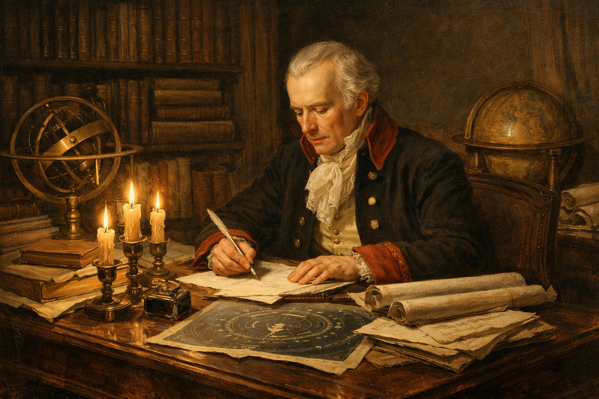 Пьер-Симон Лаплас в своём кабинете начала XIX века.