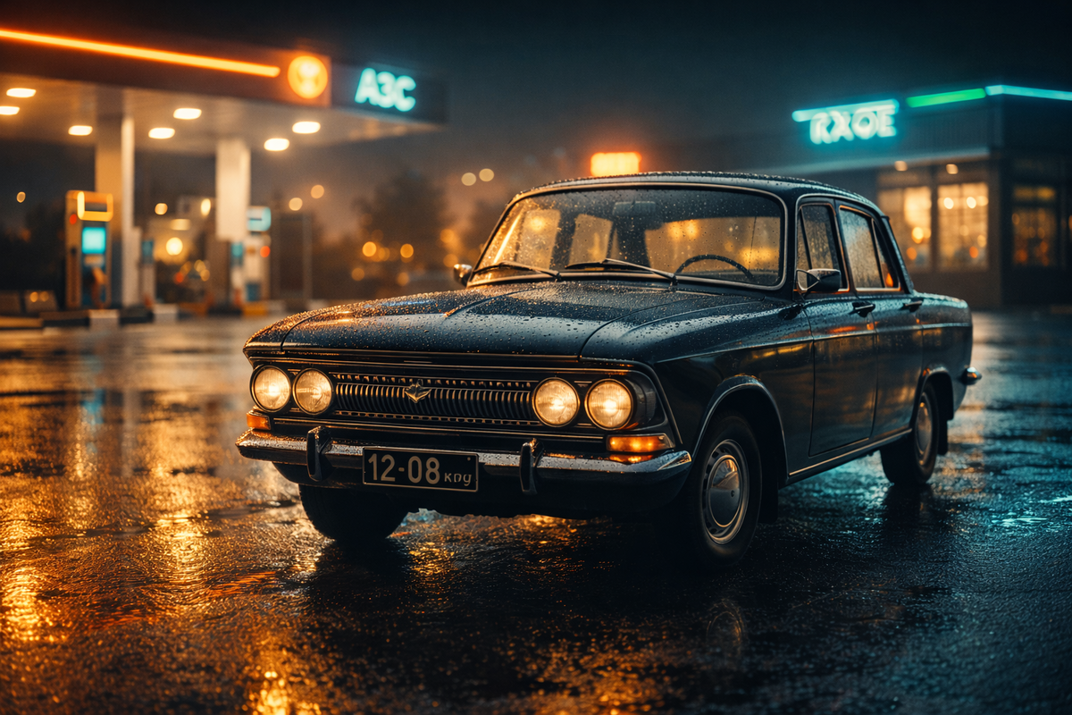 Москвич на ночной АЗС
