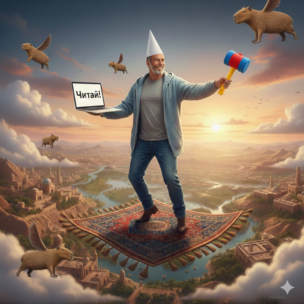 Мужчина летит на ковре-самолёте по небу среди летающих капибар.