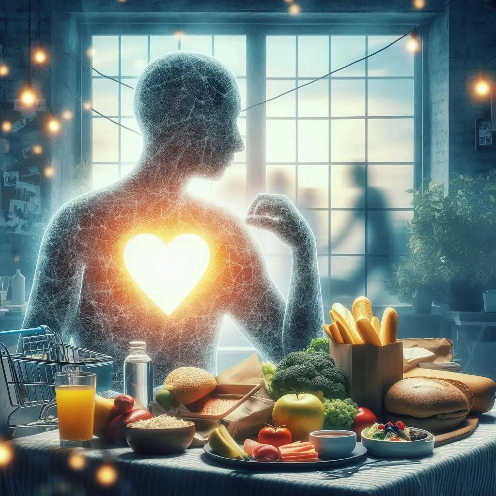 Стол ломится от еды, но настоящий голод — внутри. Сердце светится, напоминая: душу не накормишь суррогатами. За окном — живая жизнь, которую вы не замечаете.