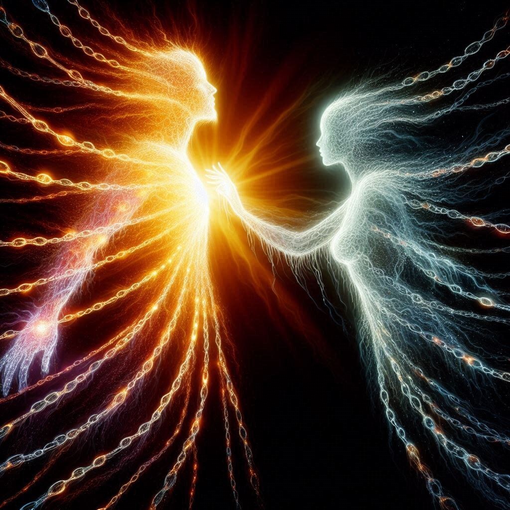 Эмоциональная зависимость в одном образе: невидимые узы, которые не освобождают, а опутывают. Один полон жизни, другой истощён до призрачности. Но расцепить руки кажется невозможным.