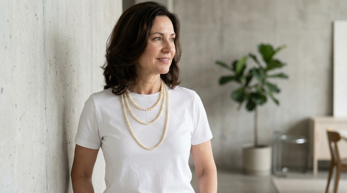 Три нити жемчуга с простой футболкой — новая формула элегантности