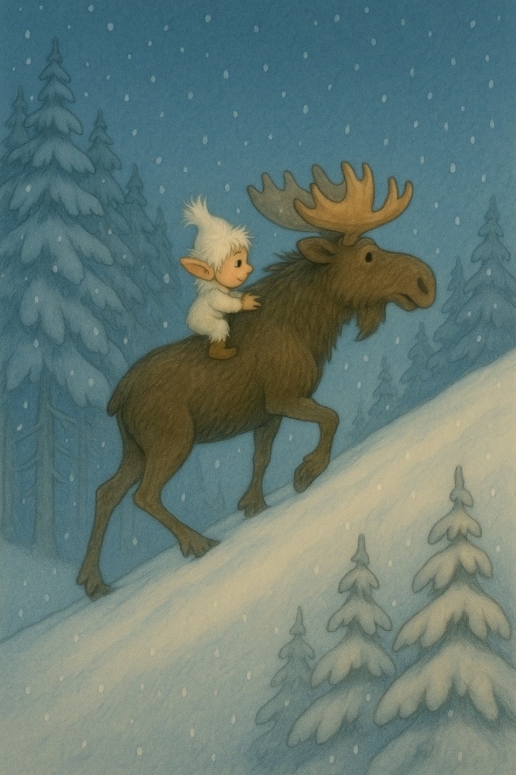 Пикку поднимается на гору на спине доброго лося