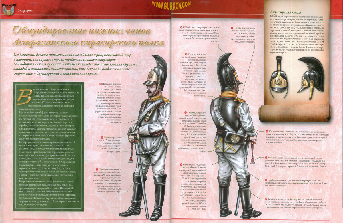 Обмундирование нижних чинов Астраханского кирасирского полка. 1. Переднюю и заднюю половины кирасы скрепляли при помощи двух специальных кожаных ремней. Их крепили у плеч на задней половине кирасы и застегивали на две медные пуговицы, приклепанные к передней половине. Ремни кирас нижних чинов были украшены черным железным набором в виде чешуи и оканчивались медными наконечниками с отверстиями. 2. Перчатки рядовых кирасир, белые замшевые, с крагами шили без подкладки, швами наружу, чтобы грубые швы не натирали руки. 3. Портупея кирасир была изготовлена из лосиной кожи, шириной 50 мм, с желобками у краев, с двумя узкими пасами для палаша. Портупею надевали так, чтобы спереди она закрывала две нижние пуговицы колета, а сзади лежала на пуговицах лифа. 4. С 1808 нода для кирасирских касок был введен новый плюмаж из жесткого конского волоса - плоский, высотой около 70 мм. У офицеров, унтер-офицеров и рядовых плюмаж был черный, а у музыкантов - красный. 5. Погоны нижних чинов были из сукна полкового цвета - желтые, с белой выпушкой по краям, пристегивались у плеча на мундирную пуговицу. 6. Кирасирский колет из белой кирзы (плотного сукна) имел схожий с пехотным мундиром покрой. Фалды у колета были более короткие, отвороты фалд обшиты по краю желтым сукном. Пуговицы колета - серебристого металла, воротник - из желтого сукна с белой выпушкой по наружному краю, а желтые суконные обшлага - прямые, без клапана и выпушки, с двумя серебристыми пуговицами. 7. Лядунку, патронную суму на 30 патронов из толстой черной кожи, носили через левое плечо на белой лосиной перевязи. С сентября 1811 года перевязь стали прикреплять к лядунке как в пехоте - не через кольца, а снизу. Как и в большинстве армейских кирасирских полков, на крышке лядунки Астраханского полка на круглой бляхе помещалось изображение государственного герба. 8. Кирасирский солдатский палаш образца 1810 года имел прямой однолезвийный стальной клинок длиной около 960 мм и шириной - 37 мм. Рукоять эфеса была деревянная ...