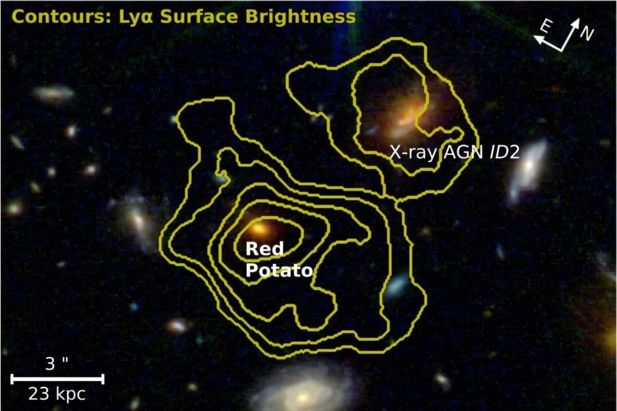    Галактика «Красная картошка», расположенная в структуре MQN01 и окружающее ее облако холодного газа / © arXiv (2026)