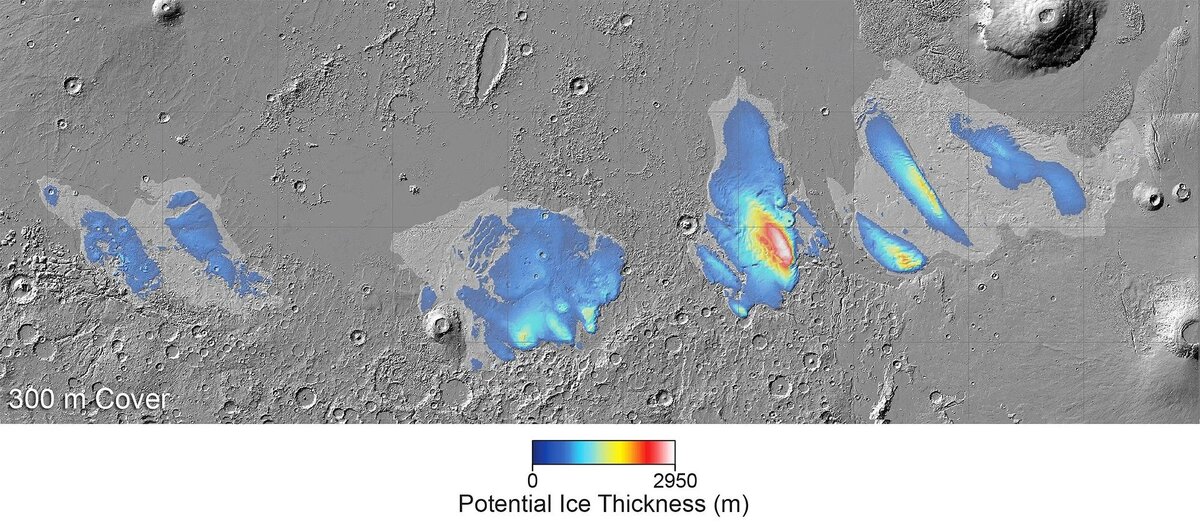 На этой карте показана толщина льда в отложениях Медузовых Фосса (MFF) на Марсе, если предположить, что толщина пылевого слоя составляет 1000 футов. В этом случае общий объем водяного льда, содержащегося в отложениях MFF, если бы он растаял, был бы достаточен, чтобы покрыть Марс океаном воды глубиной приблизительно 3 метра. Источник: ESA