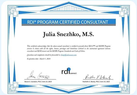 Диплом сертифицированного консультанта RDI в РФ.