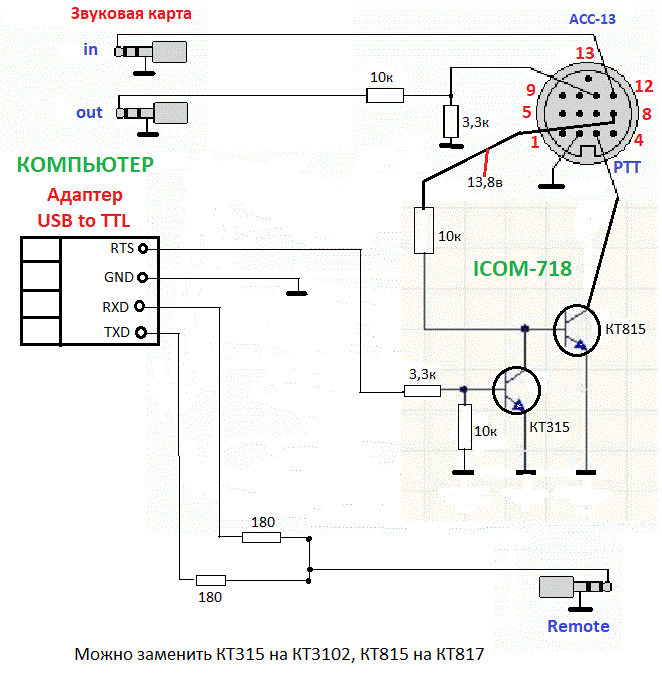 Схема USB САТ-интерфейса для трансивера ICOM-718 на адаптере "USB to TTL"