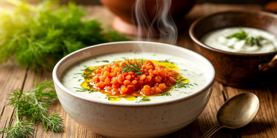 🥣 Турецкий йогуртовый суп по-казански: вместо мяса — чечевица, вместо мяты — укроп.