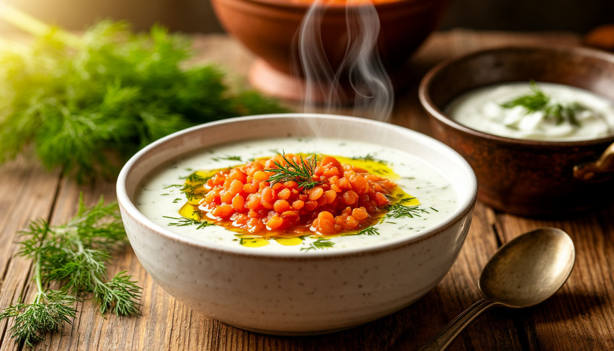 🥣 Турецкий йогуртовый суп по-казански: вместо мяса — чечевица, вместо мяты — укроп.  