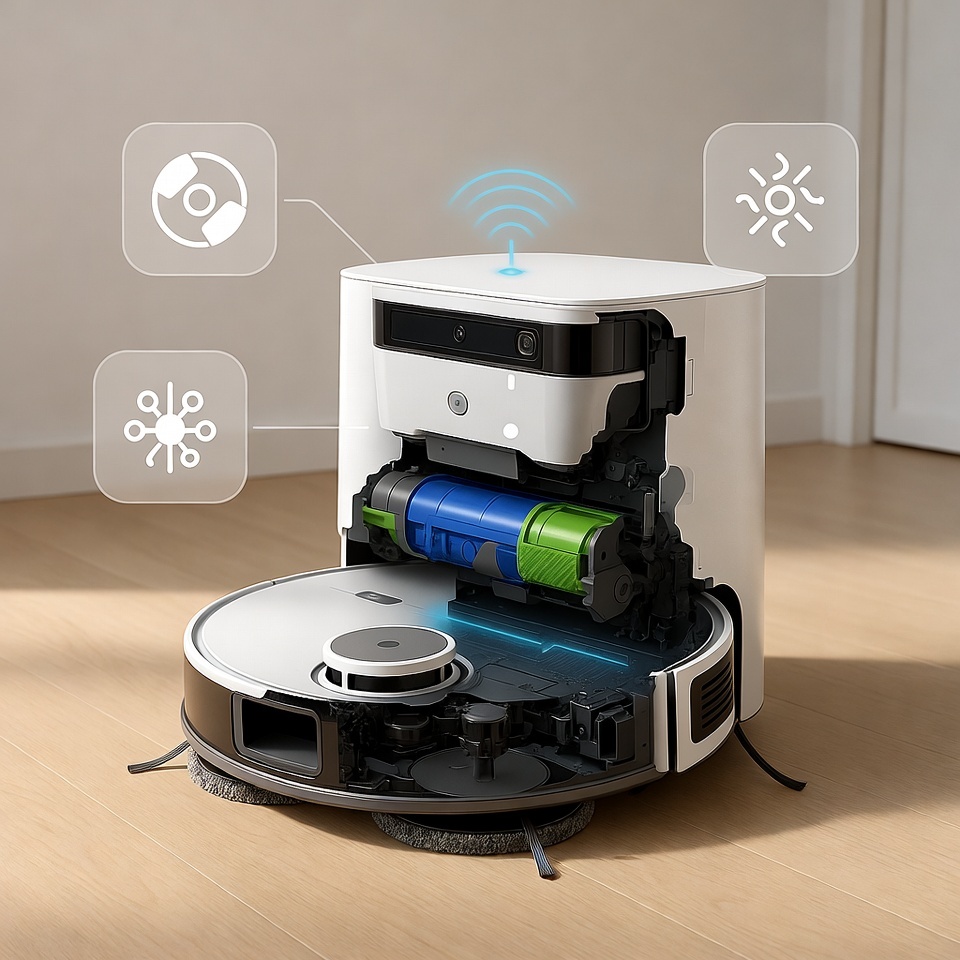 Схематичный разрез робота-пылесоса с выделением ключевых технологий