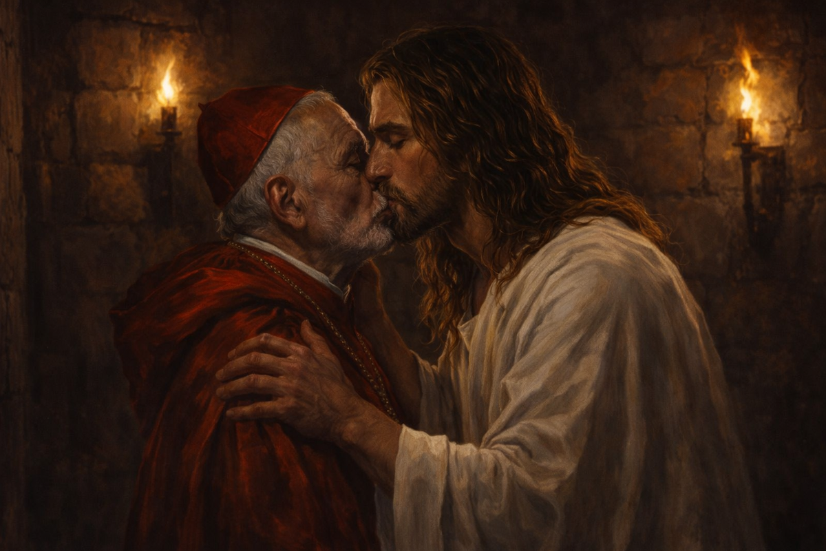 Старый кардинал в красных одеждах стоит перед Христом в простой светлой одежде. Христос молча целует его в губы.