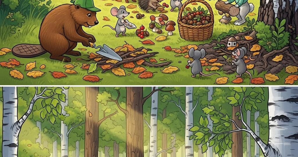 Тест на внимательность. Осенний субботник в лесу. 6 отличий.