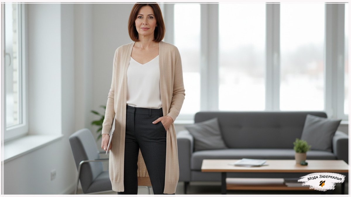 Те же брюки, кардиган вместо жакета – и уже другой образ