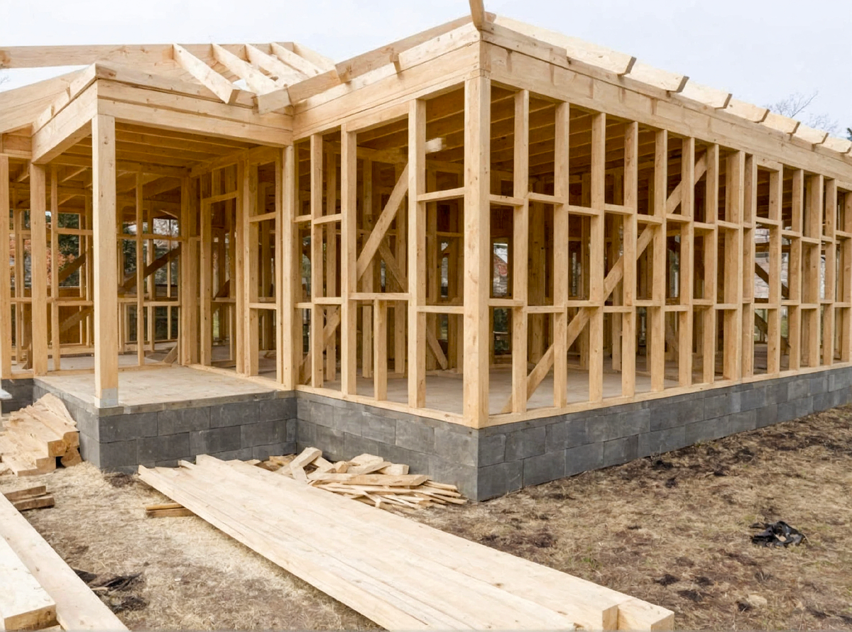 Каркас дома на этапе строительства: ровная геометрия, стойки, укосины, аккуратная сборка