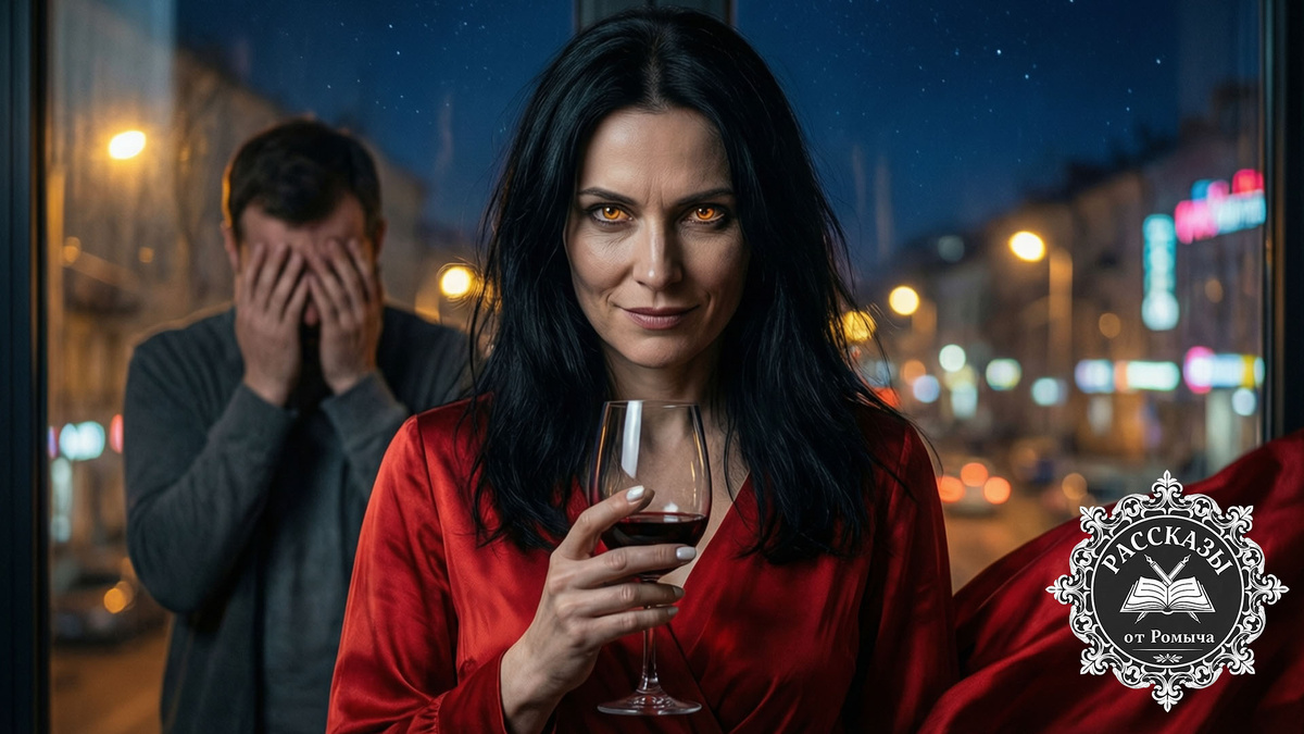Торжествующая женщина в красном платье с бокалом вина на фоне ночного города после победы над бывшим мужем