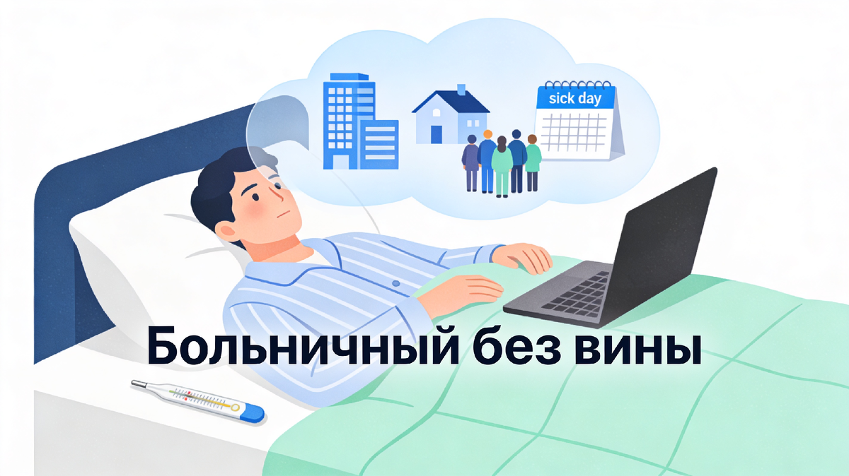 Человек на больничном лежит в кровати с ноутбуком, вокруг — иконки дома, офиса, людей и календаря sick day: как разные страны относятся к отпуску по болезни