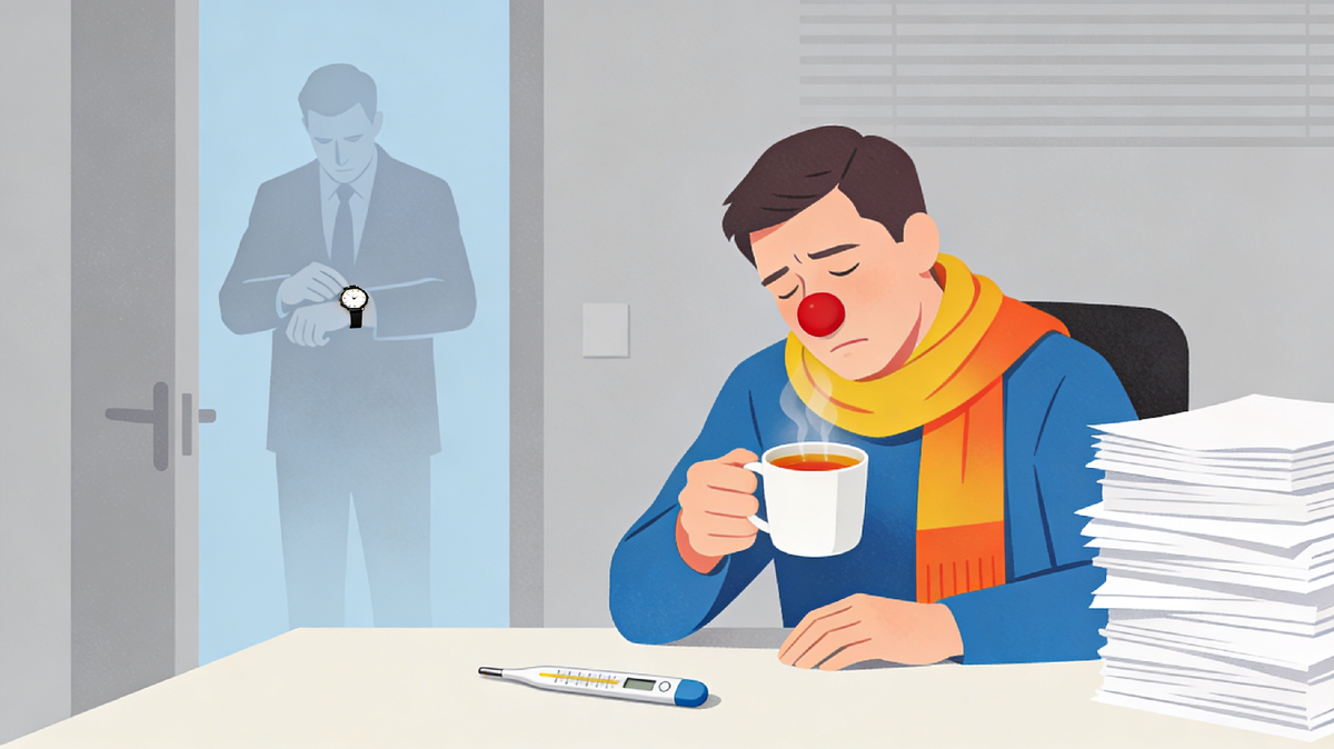 Заболевший сотрудник в российском офисе продолжает работать за столом с чаем и стопкой документов, пока начальник смотрит на часы: больничный берут в крайнем случае