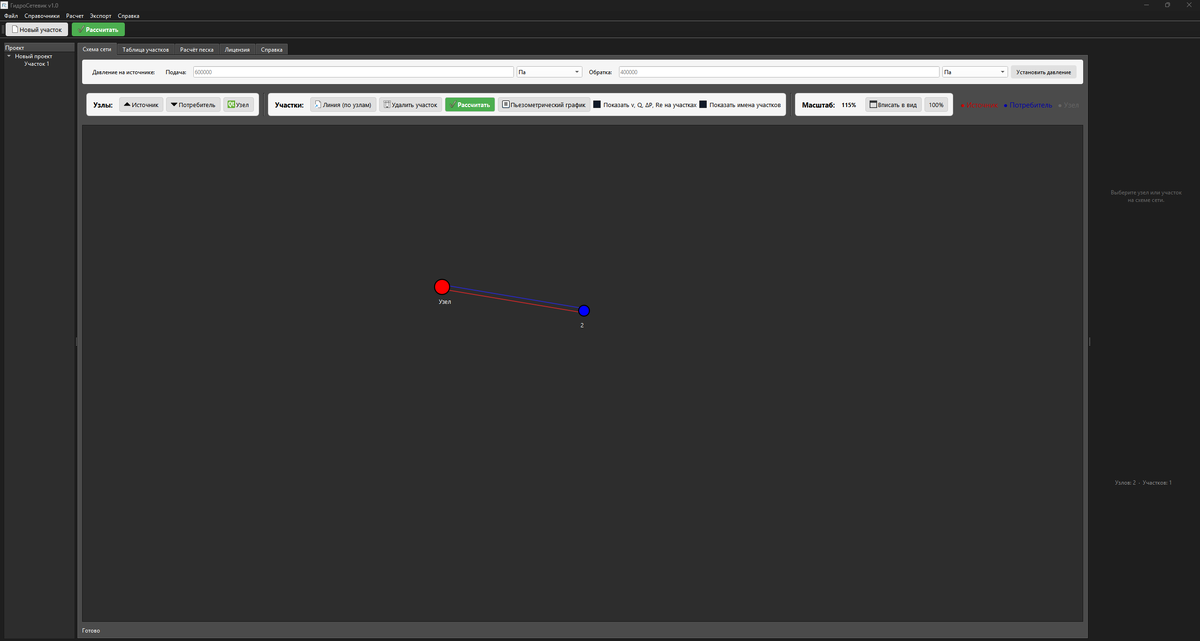 Рис. 1. Интуитивный интерфейс ГидроСетевика: схема сети, таблица участков и панель свойств в одном окне