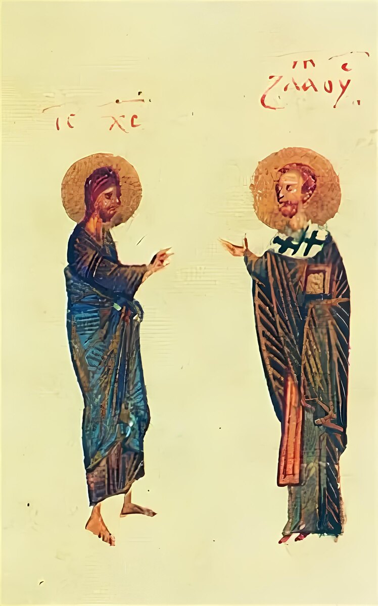 Беседа Иисуса Христа со свт. Иоанном Златоустом. Миниатюра из Киевской Псалтири. 1397 г. 